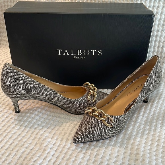 Talbots Black and White Heels with Gold Chain Accent - Picture 1 of 12